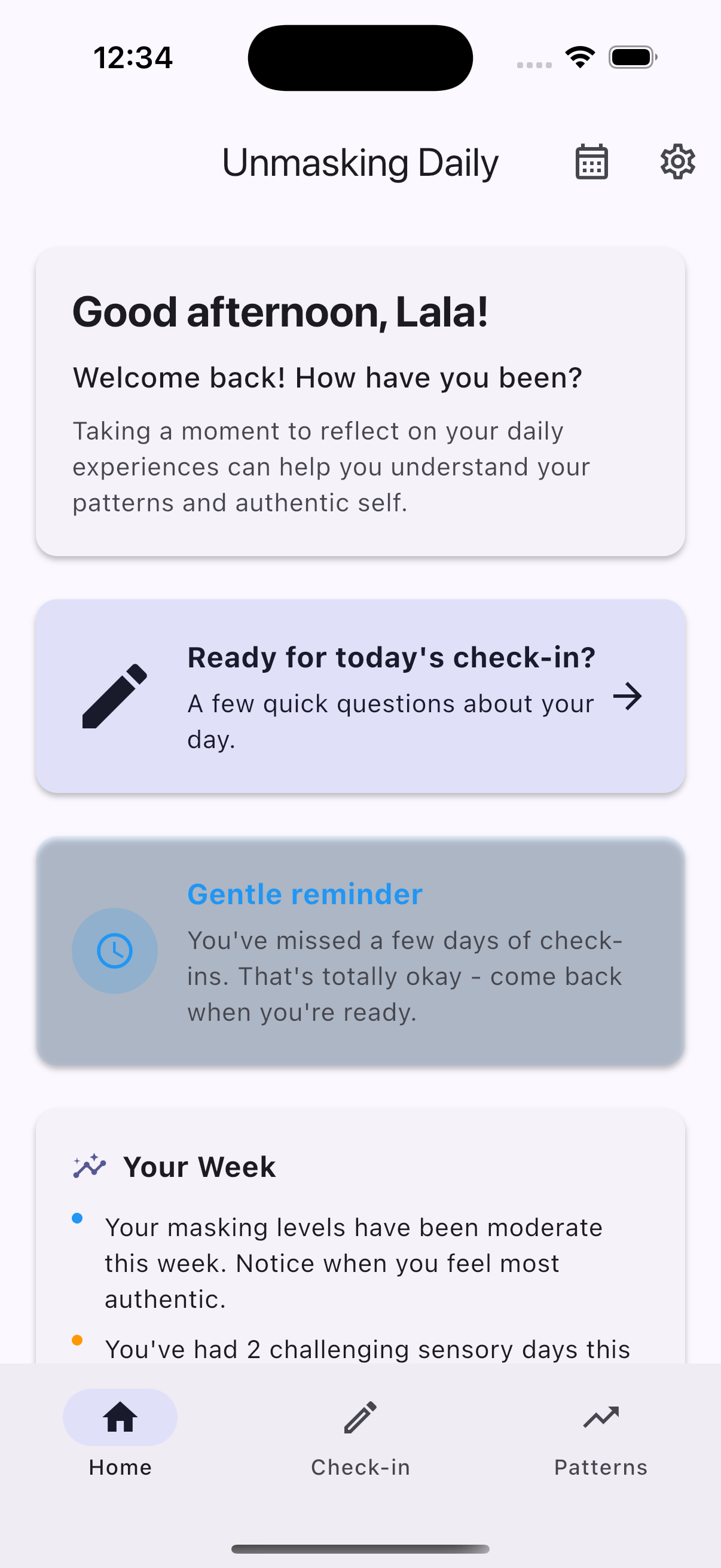 Unmasking Daily app interface showing daily check-in screen with autism-friendly design